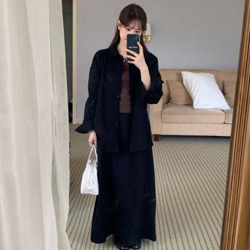 Size has been updated Korean CHIC thickened simple commuting versatile solid color shirt skirt suit