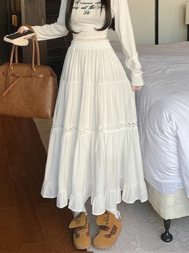 White lace spliced fluffy cake skirt for women in spring and summer mid-length temperament, ruffled gentle long skirt umbrella skirt