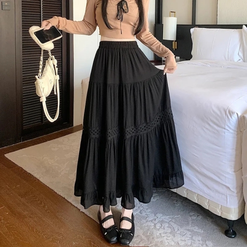 White lace spliced fluffy cake skirt for women in spring and summer mid-length temperament, ruffled gentle long skirt umbrella skirt