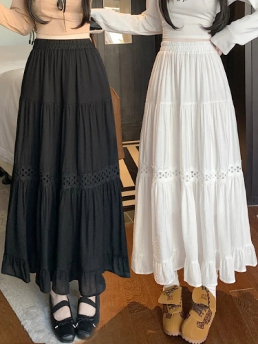 White lace spliced fluffy cake skirt for women in spring and summer mid-length temperament, ruffled gentle long skirt umbrella skirt
