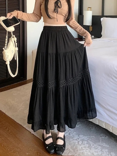 White lace spliced fluffy cake skirt for women in spring and summer mid-length temperament, ruffled gentle long skirt umbrella skirt