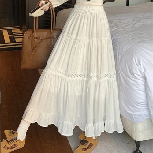 White lace spliced fluffy cake skirt for women in spring and summer mid-length temperament, ruffled gentle long skirt umbrella skirt