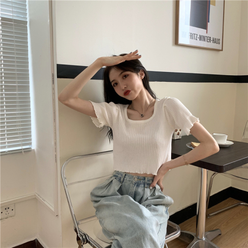 Real shot of slimming square neck short knitted sweater ruffled short sleeve top for women