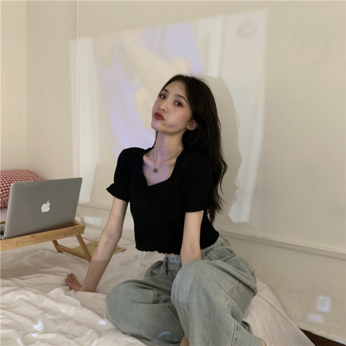 Real shot of slimming square neck short knitted sweater ruffled short sleeve top for women