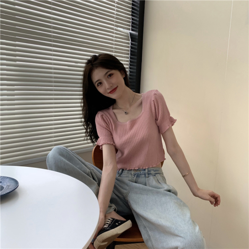 Real shot of slimming square neck short knitted sweater ruffled short sleeve top for women