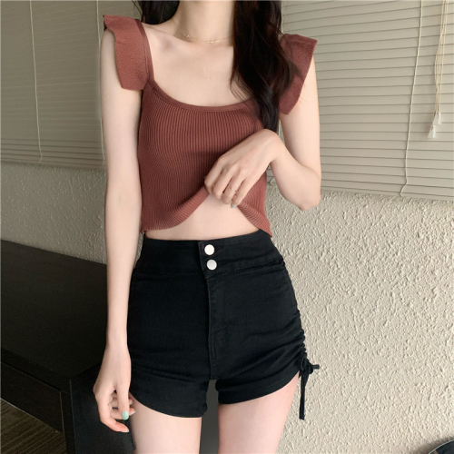 Real shot of new summer ruffled knitted suspender vest design for women