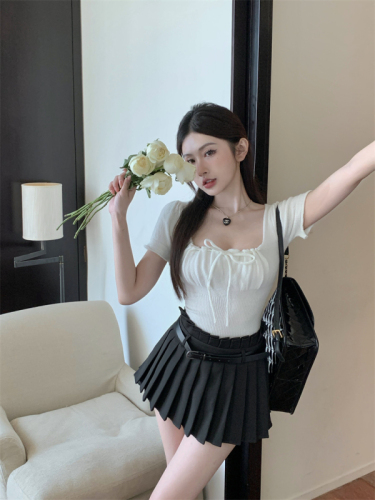 Real shot of new summer slim drawstring pleated design short-sleeved sweater top for women