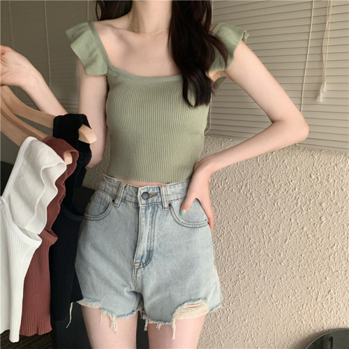 Real shot of new summer ruffled knitted suspender vest design for women