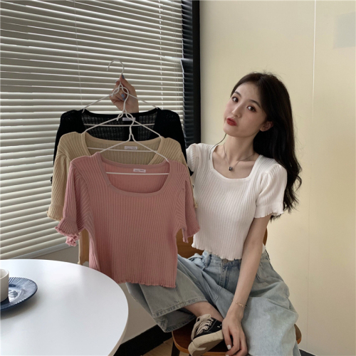 Real shot of slimming square neck short knitted sweater ruffled short sleeve top for women