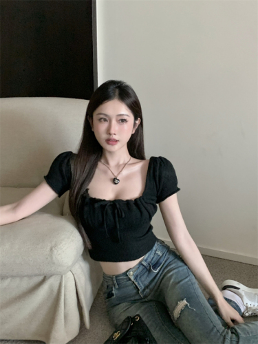 Real shot of new summer slim drawstring pleated design short-sleeved sweater top for women