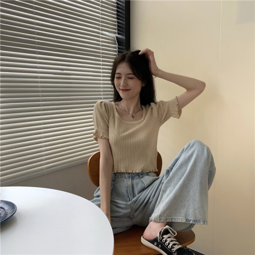 Real shot of slimming square neck short knitted sweater ruffled short sleeve top for women