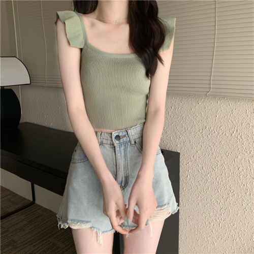 Real shot of new summer ruffled knitted suspender vest design for women