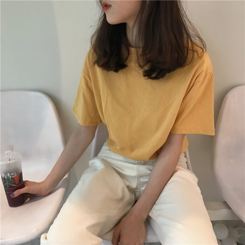Real shot Korean white pullover round neck loose simple and versatile solid color short-sleeved T-shirt