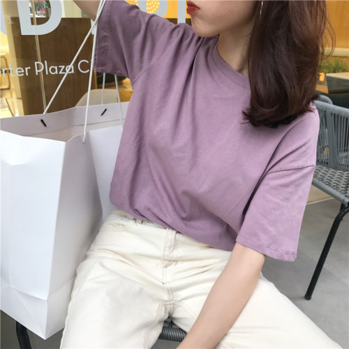 Real shot Korean white pullover round neck loose simple and versatile solid color short-sleeved T-shirt