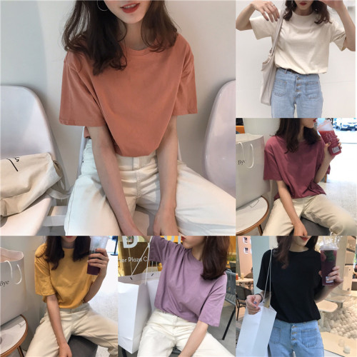 Real shot Korean white pullover round neck loose simple and versatile solid color short-sleeved T-shirt