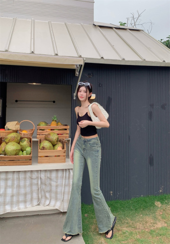 New Hong Kong style breasted jeans for women's elastic slimming floor pants straight trousers