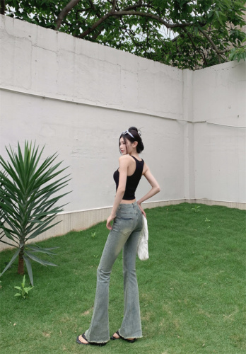 New Hong Kong style breasted jeans for women's elastic slimming floor pants straight trousers