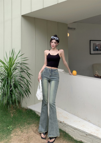New Hong Kong style breasted jeans for women's elastic slimming floor pants straight trousers