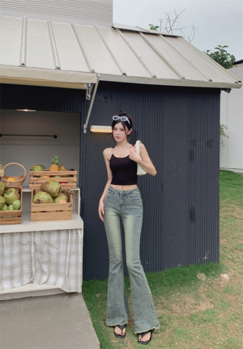 New Hong Kong style breasted jeans for women's elastic slimming floor pants straight trousers