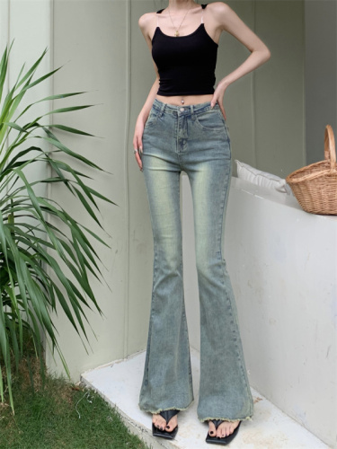 New Hong Kong style breasted jeans for women's elastic slimming floor pants straight trousers