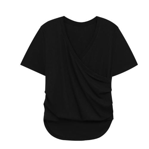Slightly fat V-neck crossed shoulder short-sleeved T-shirt for women in summer, slim and sweet and spicy top hides meat