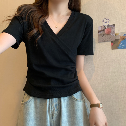 Slightly fat V-neck crossed shoulder short-sleeved T-shirt for women in summer, slim and sweet and spicy top hides meat