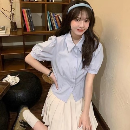 Sweet Japanese college style solid color design short short-sleeved lapel white shirt new summer shirt