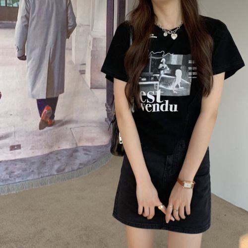 Foreign trade cross-border design-sensored printed short-sleeved T-shirt for women Korean style slim short tops ins trendy