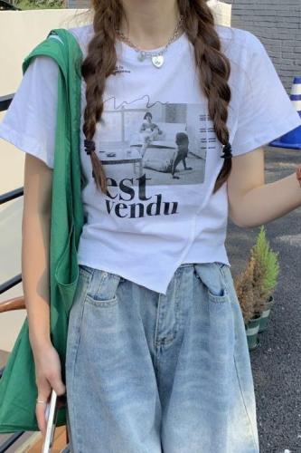 Foreign trade cross-border design-sensored printed short-sleeved T-shirt for women Korean style slim short tops ins trendy