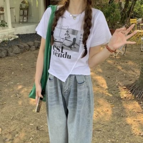 Foreign trade cross-border design-sensored printed short-sleeved T-shirt for women Korean style slim short tops ins trendy