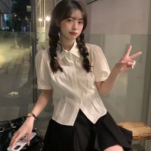 Sweet Japanese college style solid color design short short-sleeved lapel white shirt new summer shirt