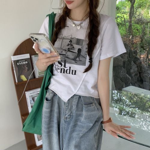 Foreign trade cross-border design-sensored printed short-sleeved T-shirt for women Korean style slim short tops ins trendy
