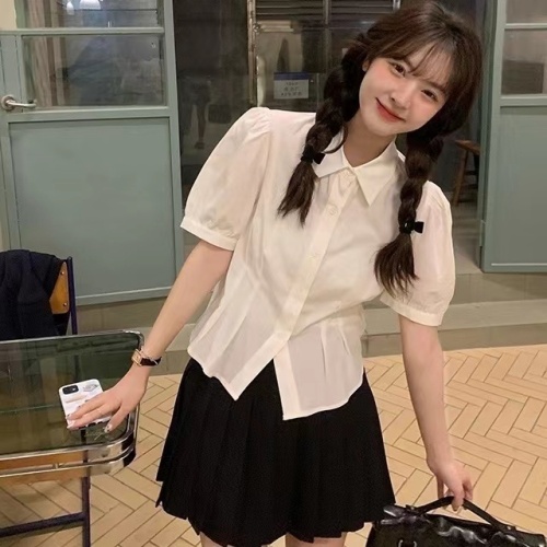 Sweet Japanese college style solid color design short short-sleeved lapel white shirt new summer shirt