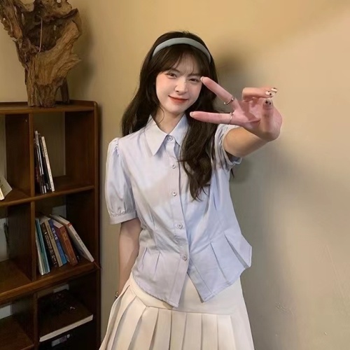 Sweet Japanese college style solid color design short short-sleeved lapel white shirt new summer shirt