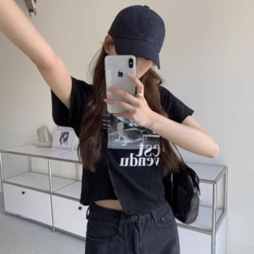 Foreign trade cross-border design-sensored printed short-sleeved T-shirt for women Korean style slim short tops ins trendy