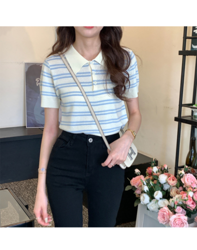 Knitted summer new letter striped lapel short-sleeved pullover-round neck short-sleeved pullover loose and versatile