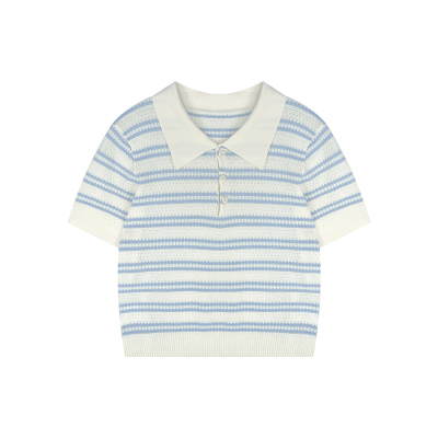 Knitted summer new letter striped lapel short-sleeved pullover-round neck short-sleeved pullover loose and versatile