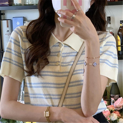 Knitted summer new letter striped lapel short-sleeved pullover-round neck short-sleeved pullover loose and versatile