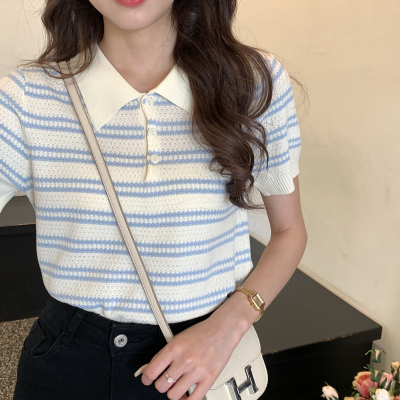 Knitted summer new letter striped lapel short-sleeved pullover-round neck short-sleeved pullover loose and versatile