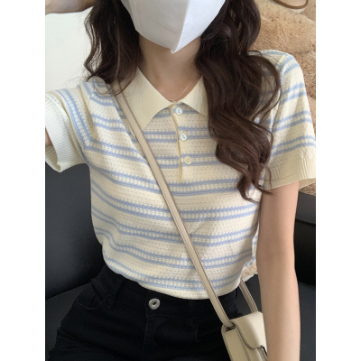 Knitted summer new letter striped lapel short-sleeved pullover-round neck short-sleeved pullover loose and versatile