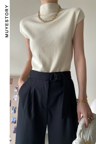 French high-end half-high neck short-sleeved sweater for women's summer thin temperament slim design niche pullover T-shirt