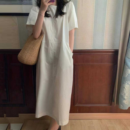 Korean simple and versatile commuter round neck summer cool loose short-sleeved dress