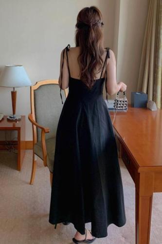 French temperament cross V-neck waist-hugging slim solid color sleeveless suspender dress long skirt