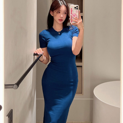 New Korean spring and summer temperament feminine rear slim fit slim short sleeves mid-length hip-cover dress