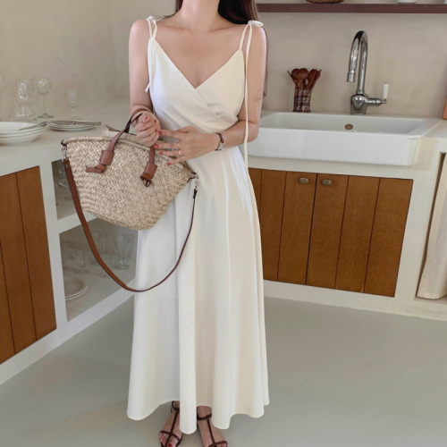 French temperament cross V-neck waist-hugging slim solid color sleeveless suspender dress long skirt
