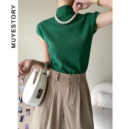 French high-end half-high neck short-sleeved sweater for women's summer thin temperament slim design niche pullover T-shirt