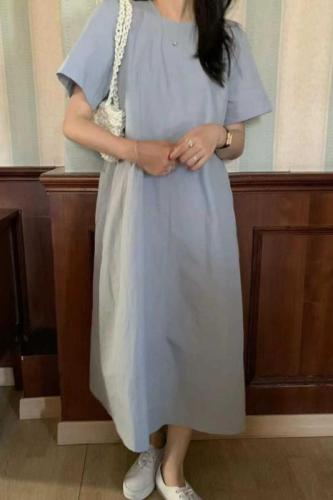Korean simple and versatile commuter round neck summer cool loose short-sleeved dress