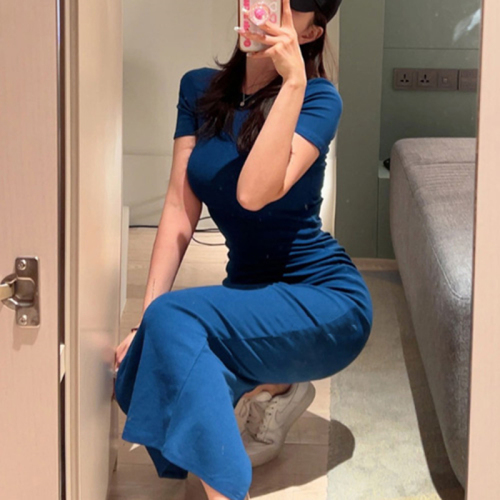New Korean spring and summer temperament feminine rear slim fit slim short sleeves mid-length hip-cover dress