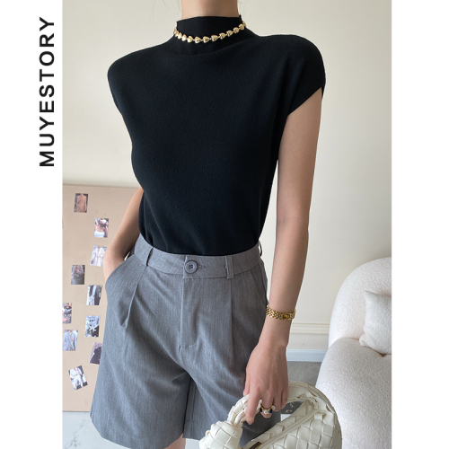 French high-end half-high neck short-sleeved sweater for women's summer thin temperament slim design niche pullover T-shirt