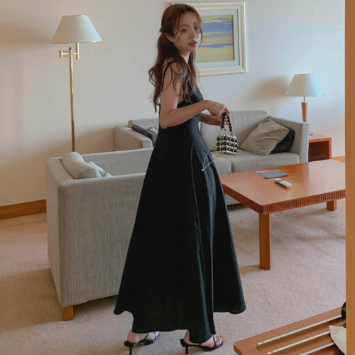 French temperament cross V-neck waist-hugging slim solid color sleeveless suspender dress long skirt